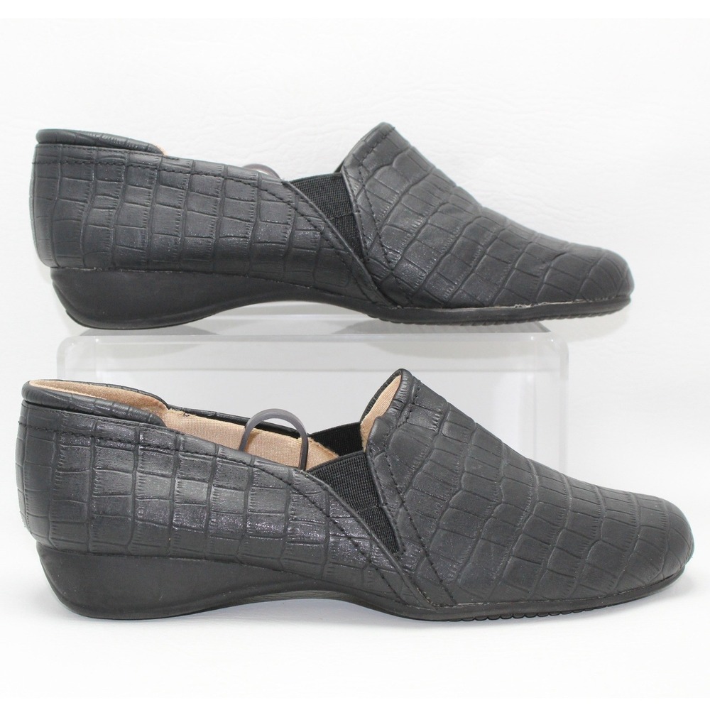 LifeStride Daphne Black Croc Embossed Low Wedge Slip On Loafers Womens 9M